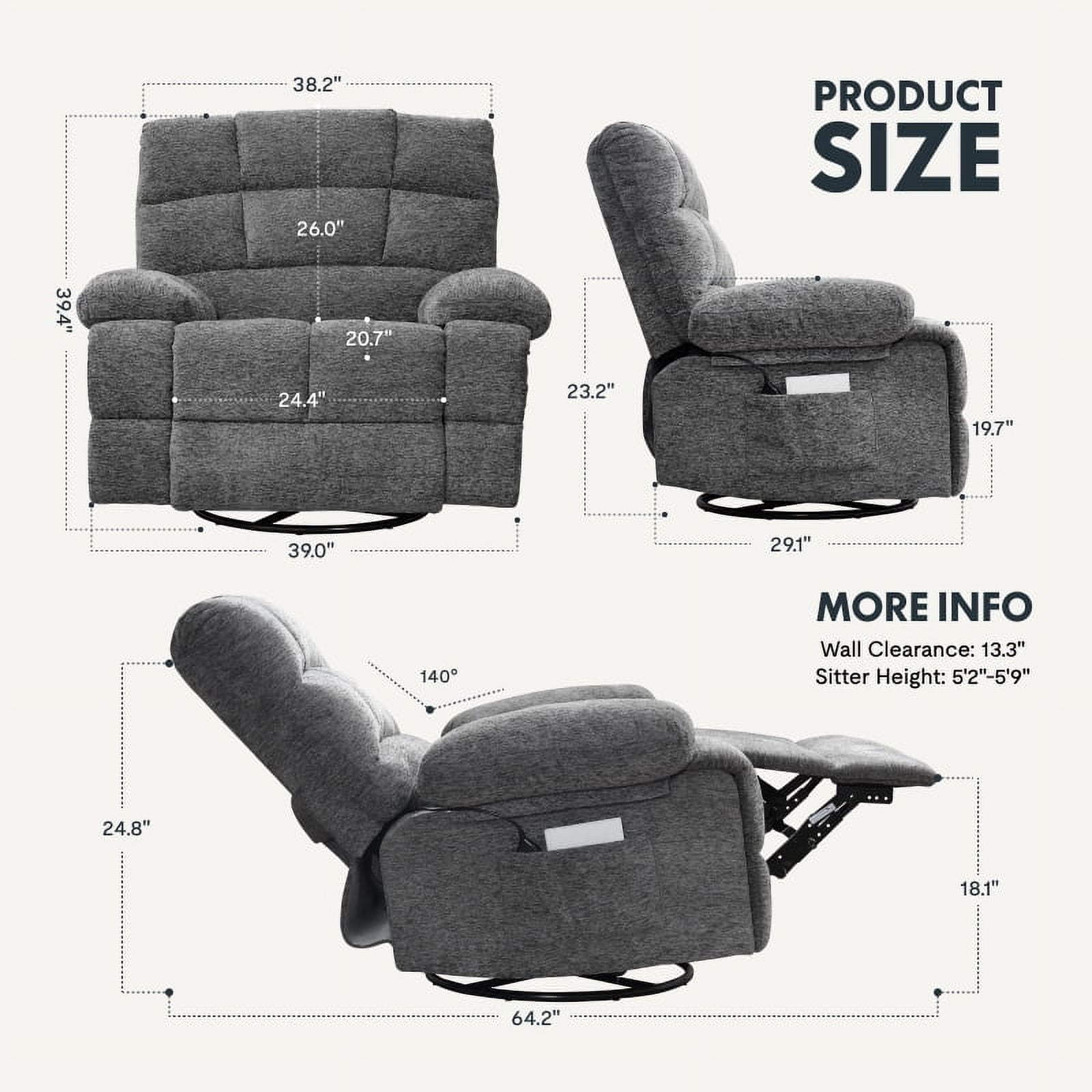 FitStand Swivel Rocker Recliner Chair with USB Port, Heat and Massage, 24.4" Wide Seat Chenille Oversized Recliner, Gray