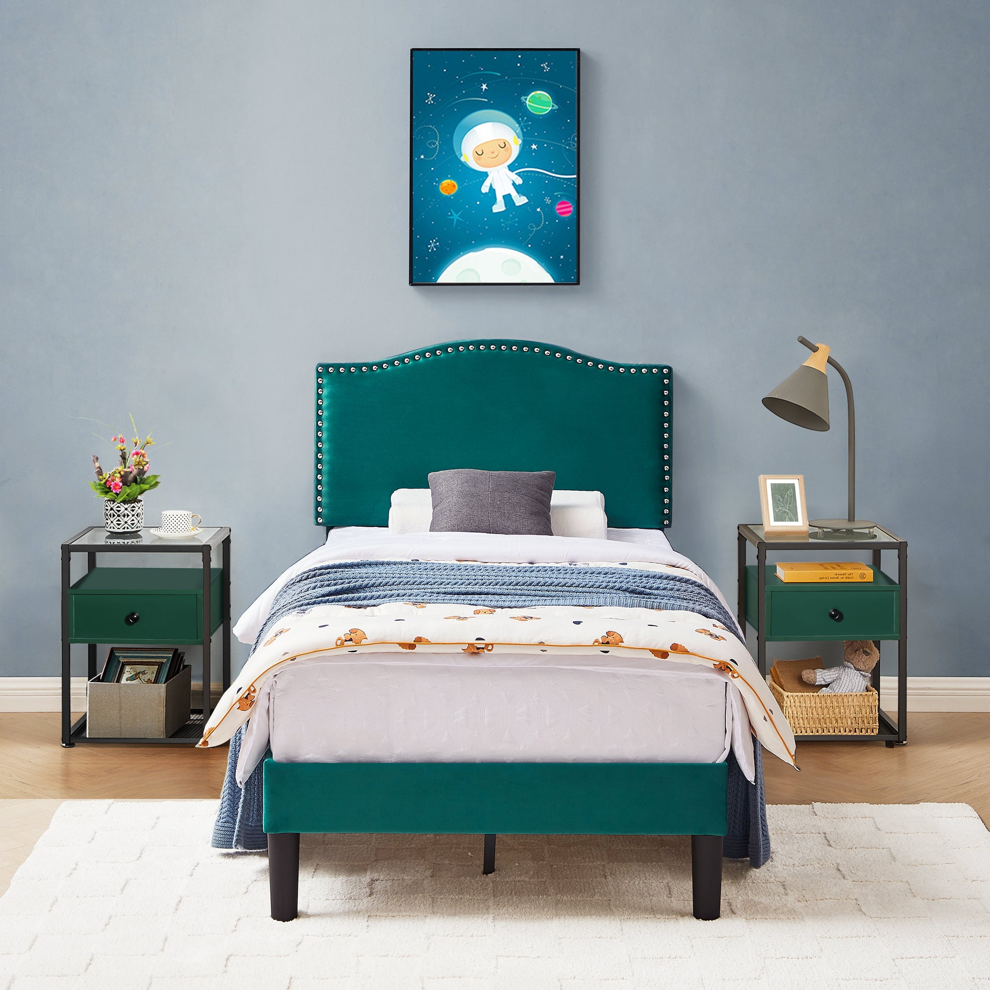 VECELO 3Piece Green Bedroom Set with Twin Upholstered Bed Frame and 2