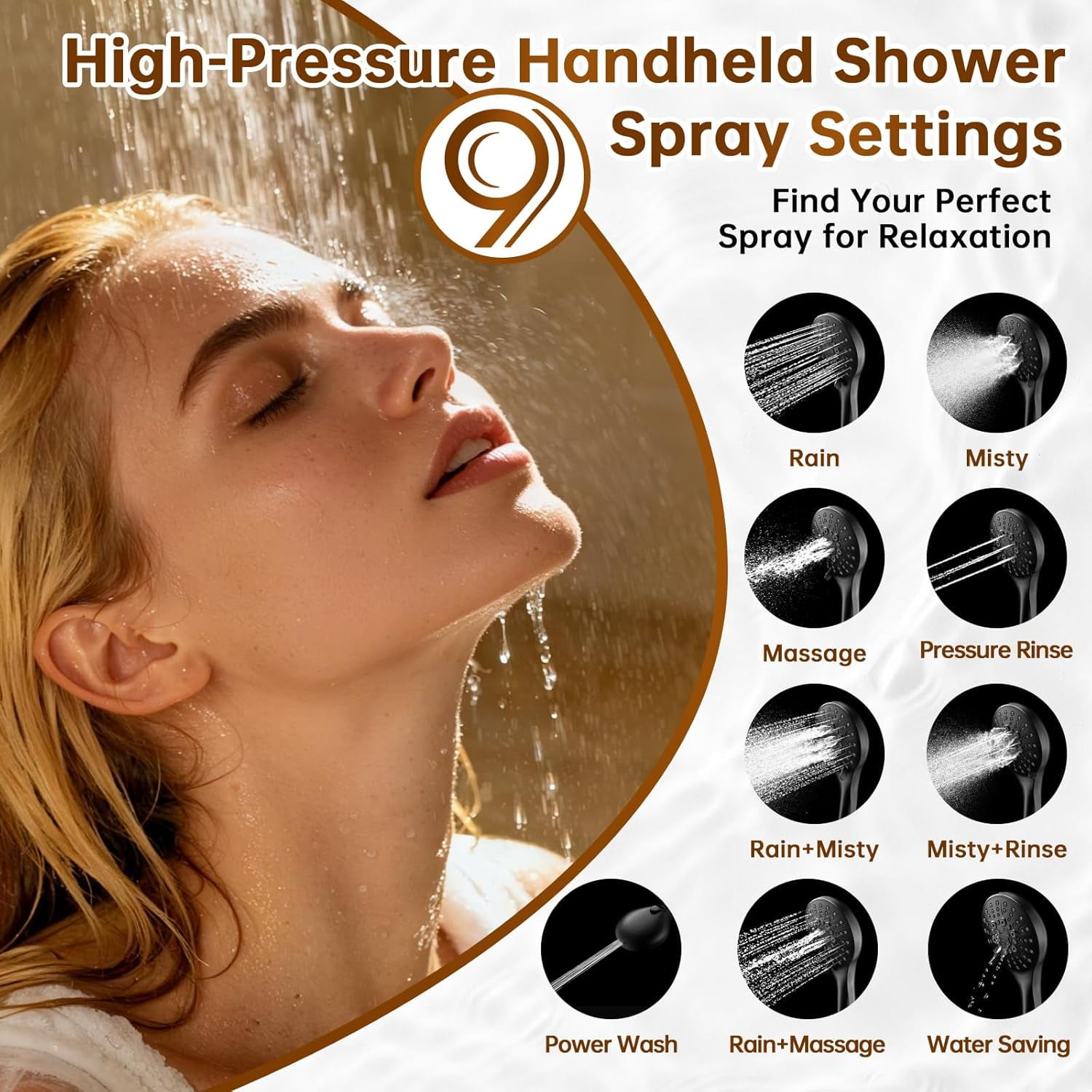 BRIGHT SHOWERS Rain Shower Head with Handheld Spray Built-in Power Wash, High Pressure Dual Shower Head with Height Adjustable Extension Arm, 3-Way Diverter, 9 Settings Handheld, 69" Hose, Chrome