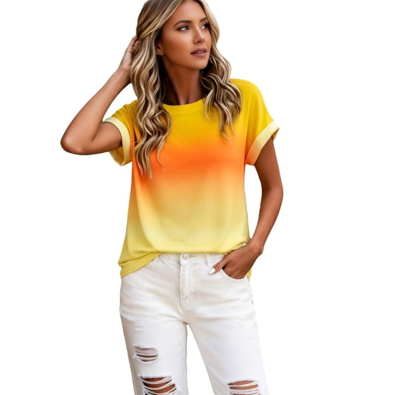 Wang6 Womens Plus Size Short Sleeve T Shirts Causal Loose Fit Gradient Printed Summer Tops Trendy Crew Neck Tees Shirts Yellow XL