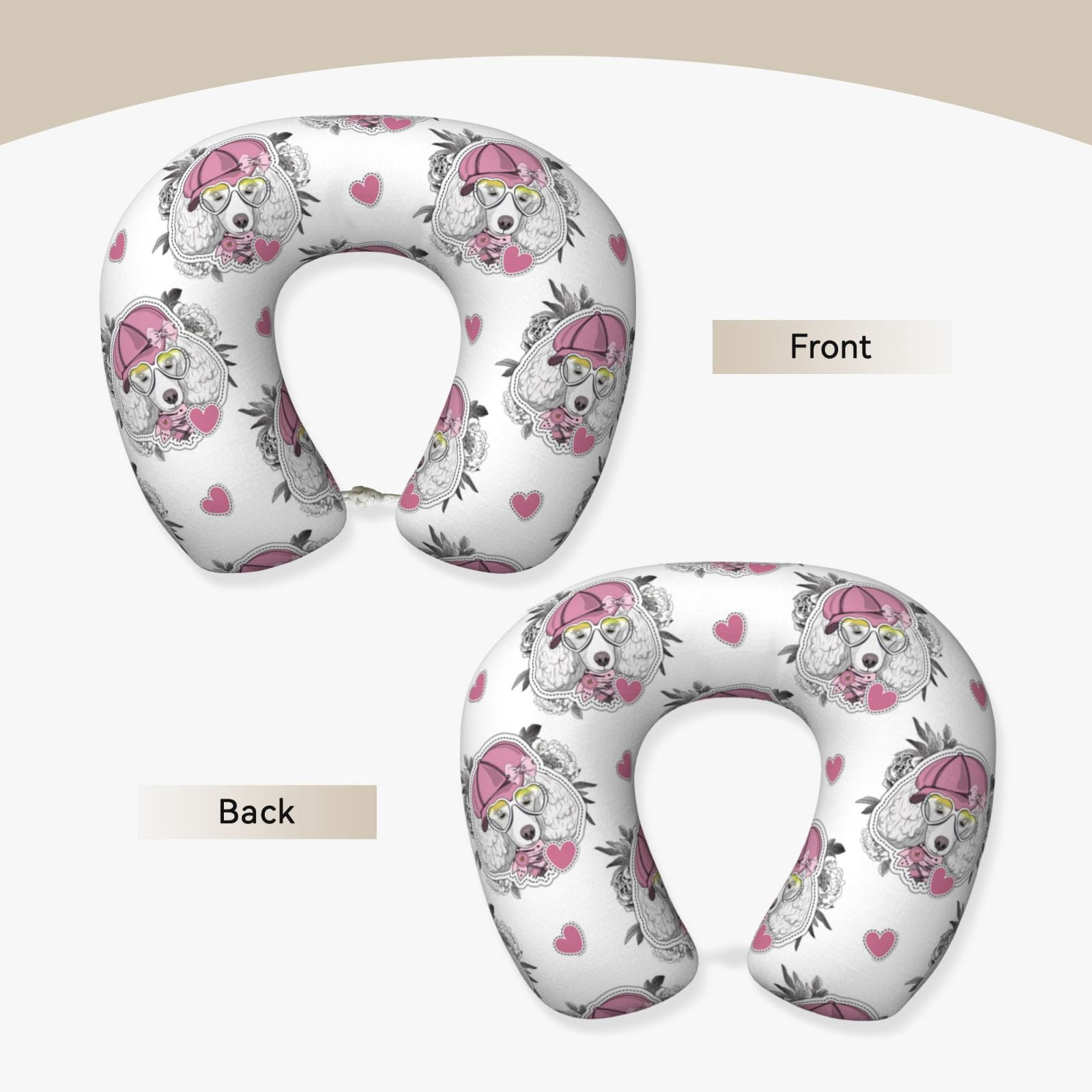 Xecao Cartoon Poodle Dog Print Memory Foam Cervical Neck Pillow Versatile U-Shaped Pillows for Home,Office,Camping,Travelling,Soft Washable Cover