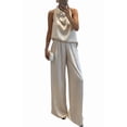 thumbnail image 7 of Women's Elegant Satin Outfits Cowl Neck Sleeveless Tank Tops with High Waist Wide Leg Pants for Cocktail Party Wedding and Formal Evening Beige S, 7 of 7