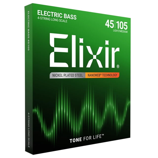 Elixir Nickel Plated Steel Bass Guitar Strings with Nanoweb Coating- Medium 45-105, Long Scale