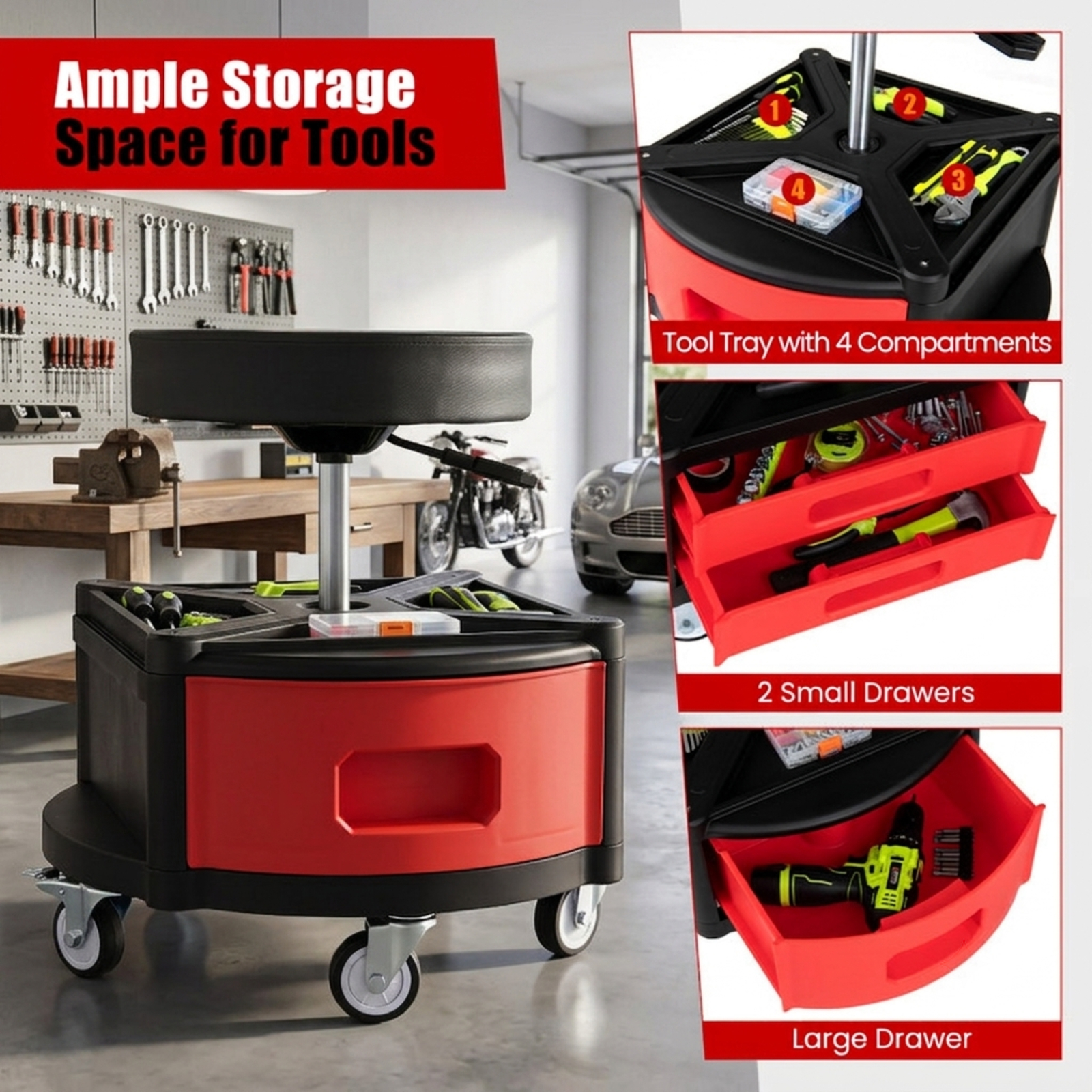 Biotree Rolling Mechanic Stool Adjustable Height Shop Seat for Garage 23" x 20.5" with Tool Tray for Garage Shop, Red