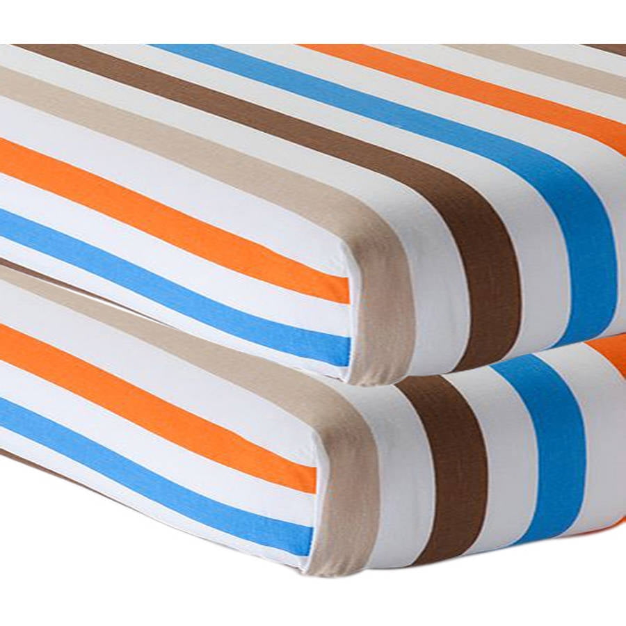 Bacati - Mod Stripes Crib/Toddler Bed Fitted Sheets 100% Cotton Percale, Blue/Orange/Choc, 2-Pack