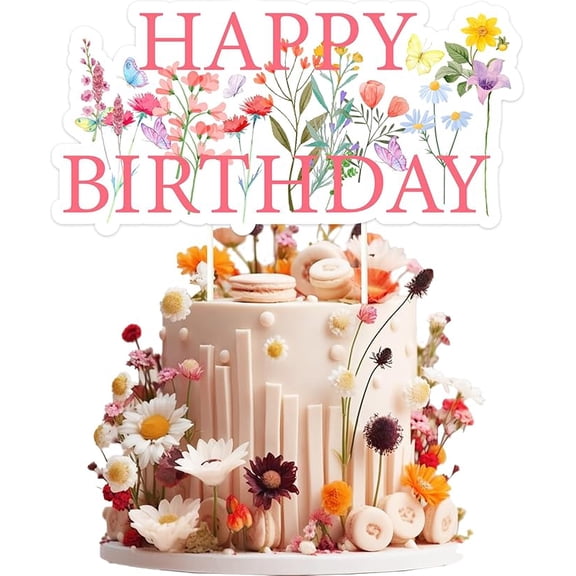 Wildflower Happy Birthday Cake Topper, Floral Theme Cupcake Topper for Birthday Cake Decorations Supplies