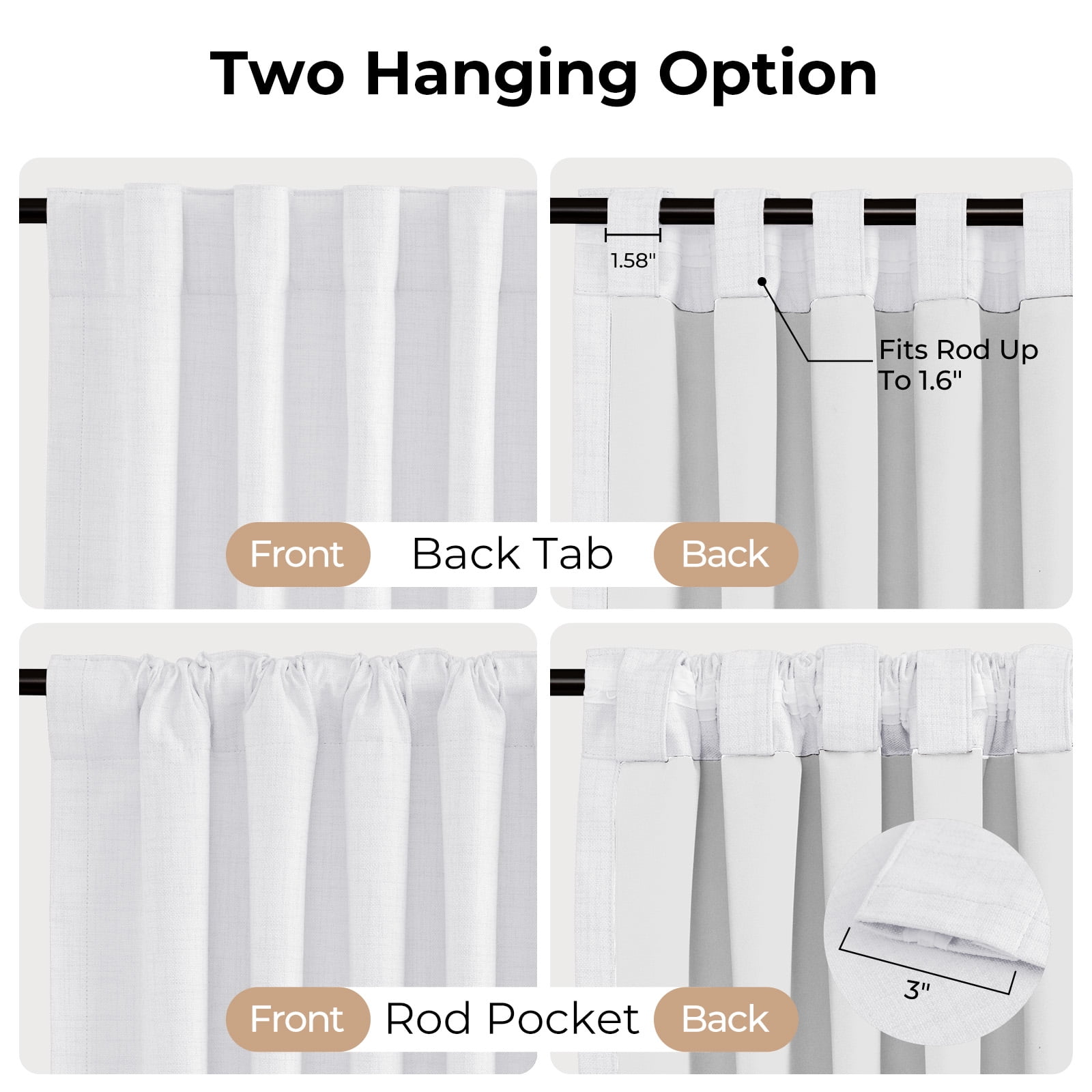 100% Blackout Faux Linen Curtains for Bedroom 90 Inches Long,2 Panels Set,Thermal Insulated Back Tab Drapes,50"Wx90"L,Bright White