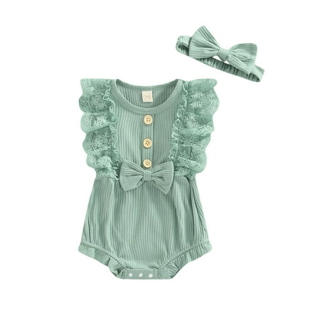 

Calsunbaby 2Pcs Toddler Infant Baby Girls Romper Round Neck Lace Sleeveless Bowknot Decorated Ribbed Romper + Headband Green 6-12 Months
