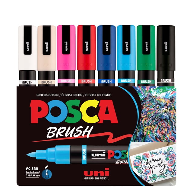 uni® POSCA PC-5BR Water-BasedPaint Markers, Reversible Brush Tip (1.0-4.0mm), Assorted Colors, 8 pack