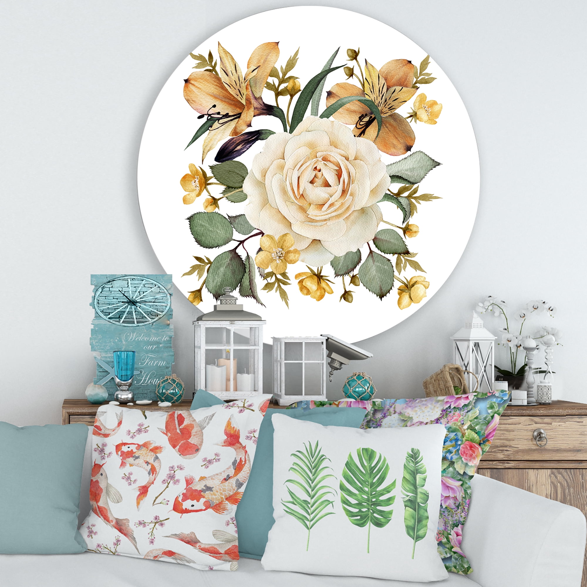 Designart 'Ancient White Rose' Traditional Circle Metal Wall Art 29x29 - Disc of 29