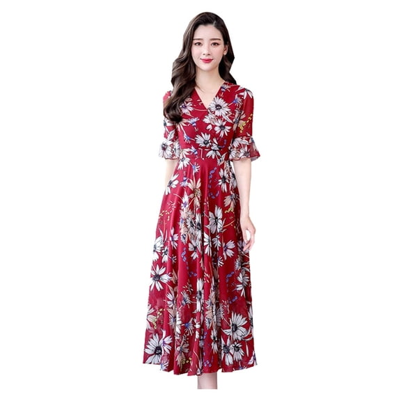 Dress for Women,V-Neck Short Sleeve Long Floral Print Slim Dress Red L Xhshgfbi
