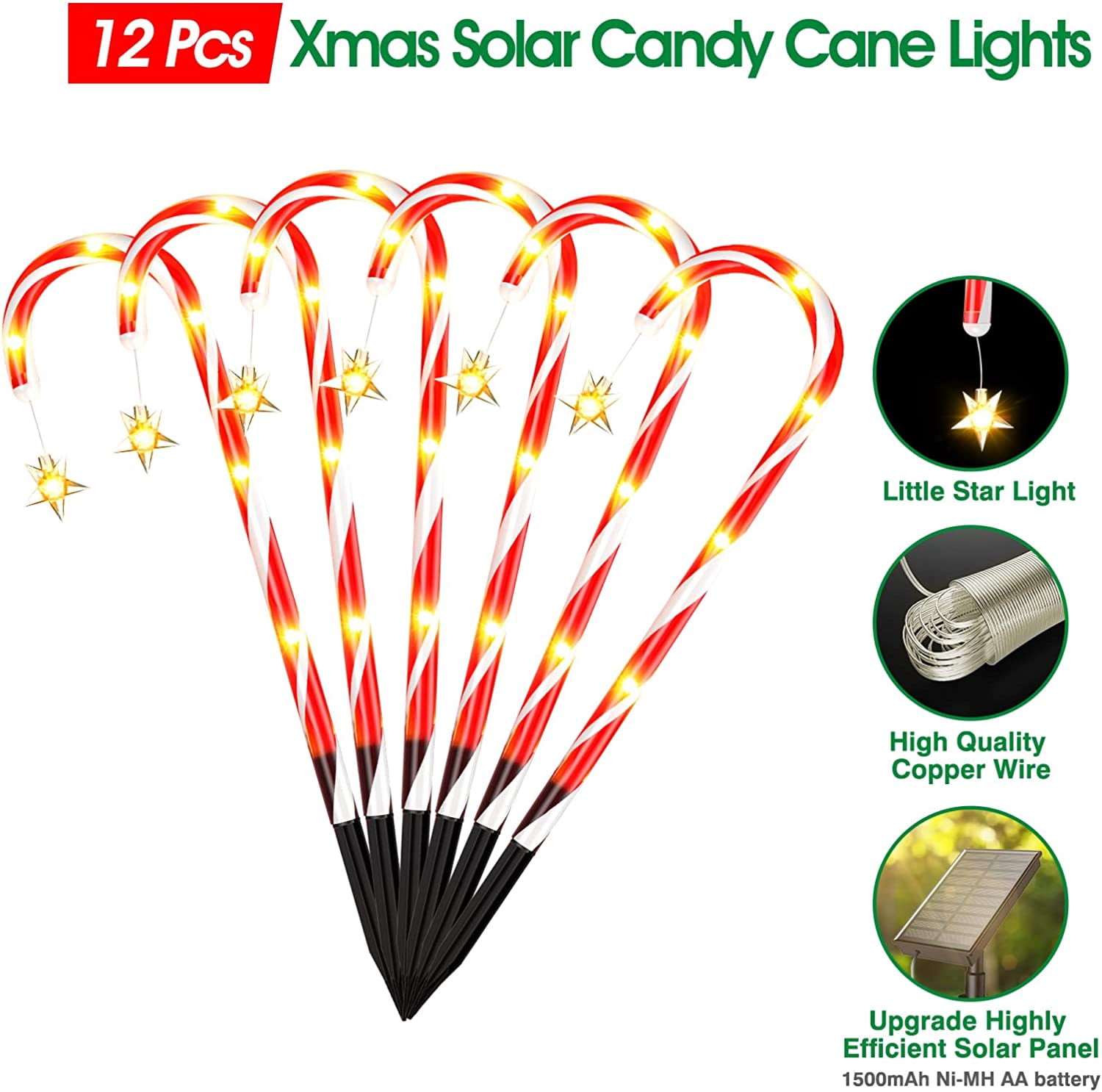 Outdoor Christmas Decorations, 12 Pack Solar Christmas Candy Cane Lights with Wireless Remote Control & Bigger Solar Panel, 9 Modes Bright All Night Solar Christmas Yard Pathway Decorations
