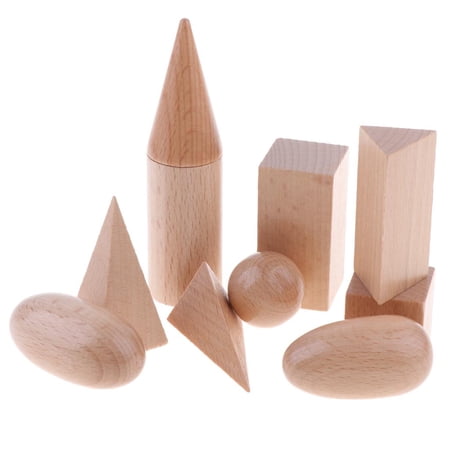 Geometric Solids Montessori Blocks - Set of 10 - Wooden 3D Shapes - Early Math Manipulative and Geometry for Kids