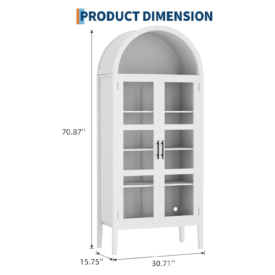 Home 70" Tall Arched Kitchen Pantry Cabinet with LED Lights, Modern Wood Arched Bookshelf with Glass Doors & Adjustable Shelves, Elegant Display Cabinet for Kitchen, Dining Room, Living Room