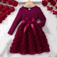 thumbnail image 4 of SERTG Girls Dress Solid Color Long Sleeve Round Neck Dress with Bow Belt Casual Fashion Soft Everyday Comfortable Skirt for Kids(Wine,5-6 Years), 4 of 6