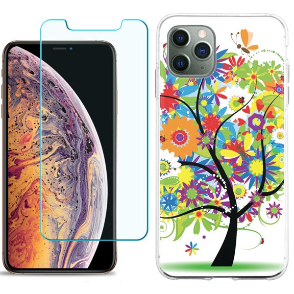 For Apple iPhone 11 Pro Case , Slim-Fit TPU Protective Phone Case with Tempered Glass Screen Protector, by OneToughShield ® - Colorful Tree