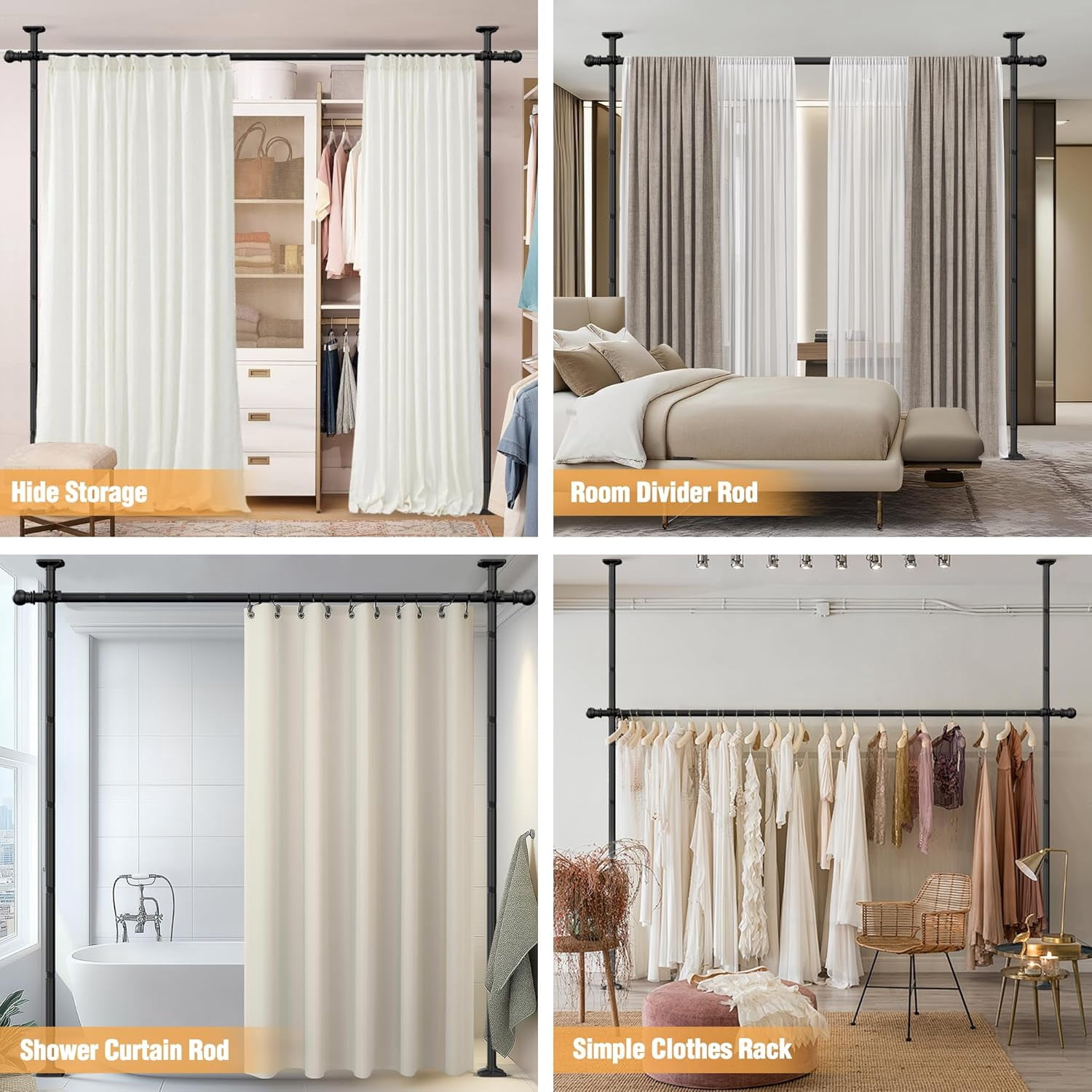 Room Divider Curtain Rods No Drilling, Adjustable 4-11ft(H) 28-117”(W) Wall Divider for Room Separation, Temporary Privacy Tension Curtain Rods, Black