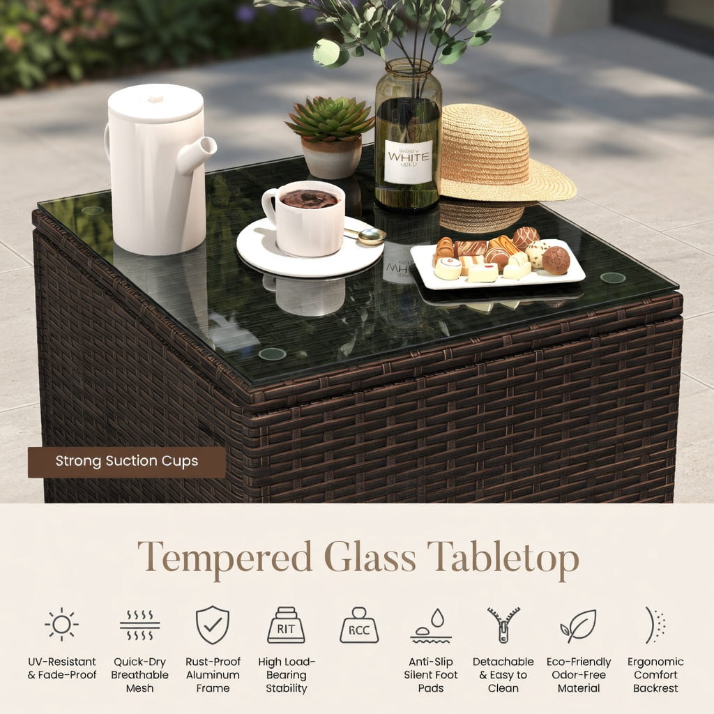 Hommoo 3-Piece Outdoor Patio Conversation Set, Cushioned Wicker Chairs + Square Tempered Glass Coffee Table, PE Rattan & Steel Frame, Navy
