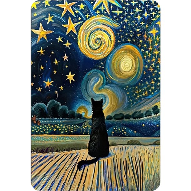 Placa de Metal Vintage de hierro, decoración de pintura Rectangular con gato bajo el cielo nocturno, 20x30cm
