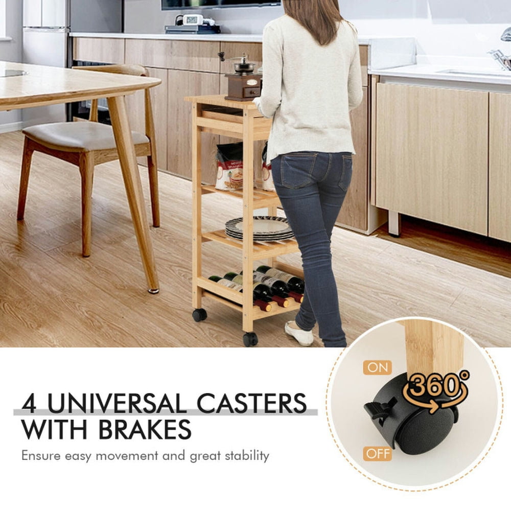 Finihen Rolling Cart, Kitchen Island Cart, Bamboo Rolling Kitchen Trolley Cart with Drawer and Wine Rack, for Kitchen, Dining Room, Natural Finihen Rolling Cart, Kitchen Island Cart, Bamboo Rolling Kitchen Trolley Cart with Drawer and Wine Rack, for Kitchen, Dining Room, Natural