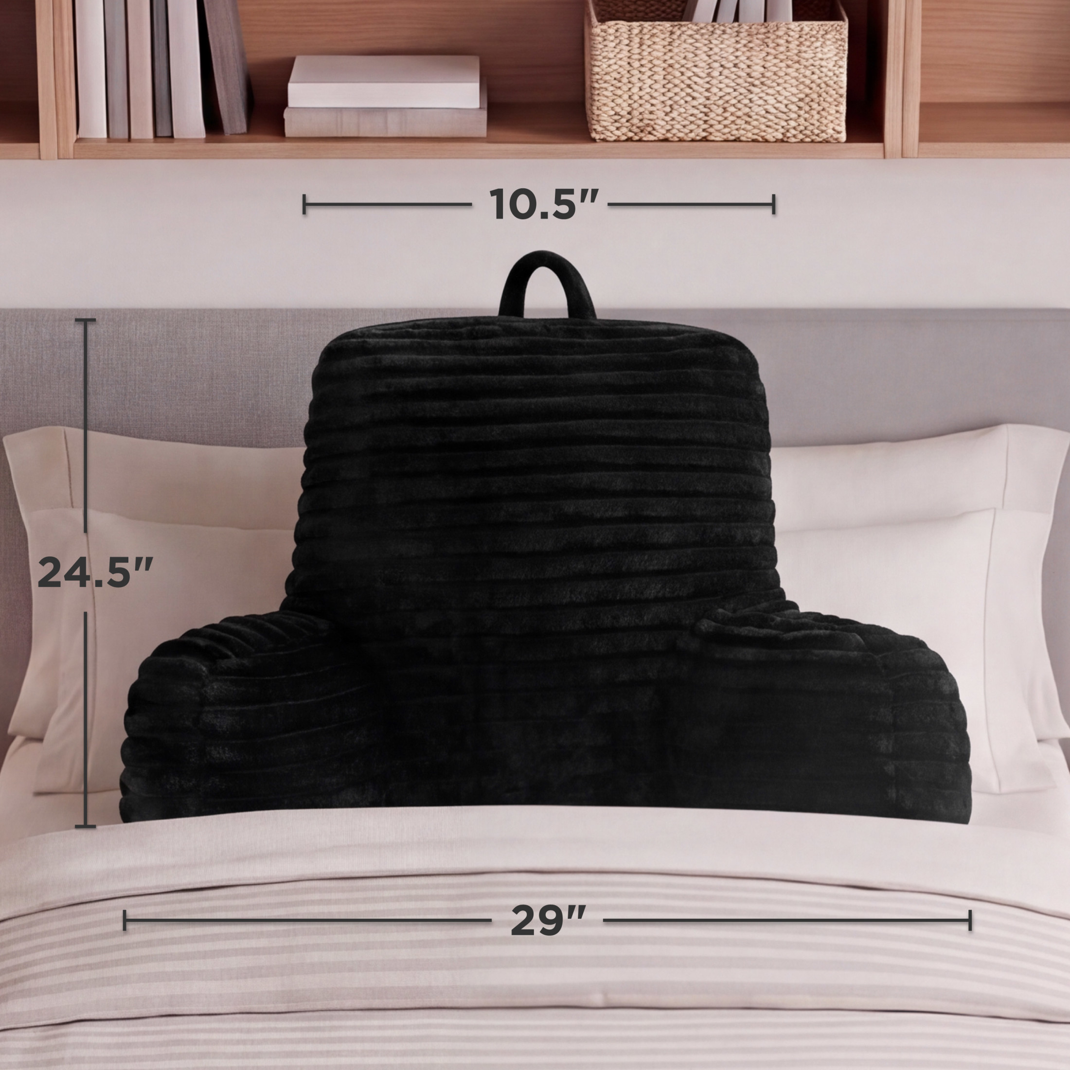 The Sheet Lab Ribbed Plush Backrest Pillow with Armrests, Black, 29 x 24.5 x 10.5 Inches