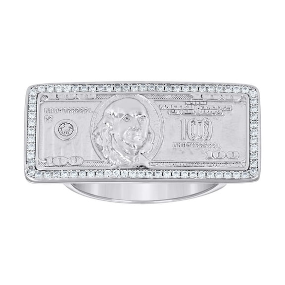 925 Sterling Silver Mens Cubic-Zirconia 100 Dollar Bill Currency Fashion Ring Size 8