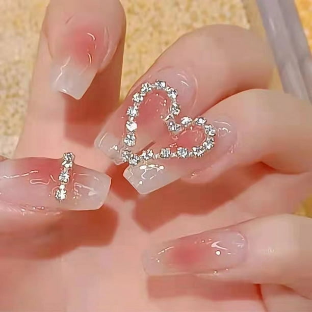 24 piezas de cristales de hielo rosados, diamantes translúcidos, empalme de amor, uñas para llevar, diamantes brillantes, uñas cortas, uñas de gel, uñas de ballet, placas para uñas, uñas postizas