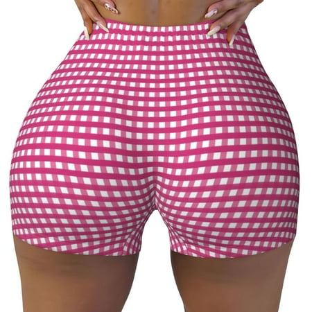 Workout Shorts Women  Pink Gingham Biker Shorts for Women Running Gym Spandex Shorts Tummy Control