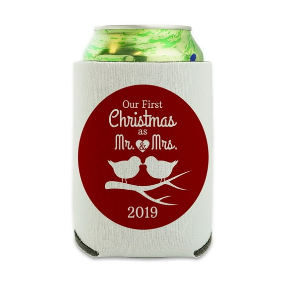 Our First Christmas as Mr and Mrs 2019 Married Kissing Birds Red Background Can Cooler - Drink Sleeve Hugger Collapsible Insulator - Beverage Insulated Holder