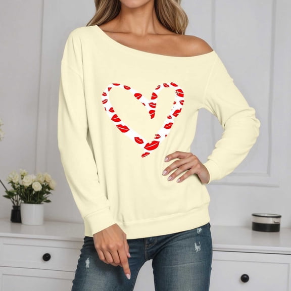 Womens Casual Sweatshirt Graphic Printed One Shoulder Tops Long Sleeve Lightweight Loose Pullover Sweatshirt