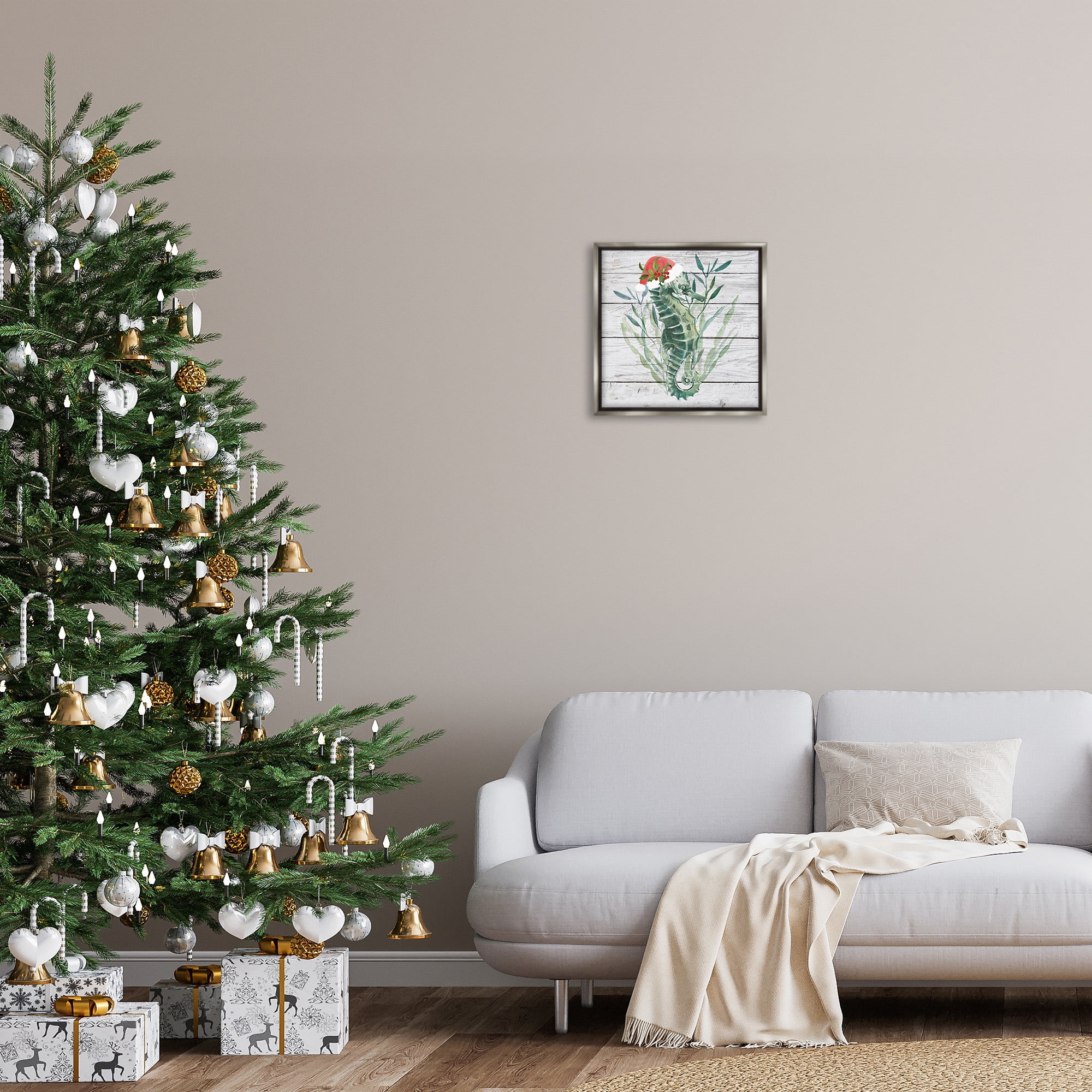 Stupell Industries Christmas Seahorse with Santa Hat Nature Painting Gray Floater Framed Canvas Art Print Wall Art, 18 x 18