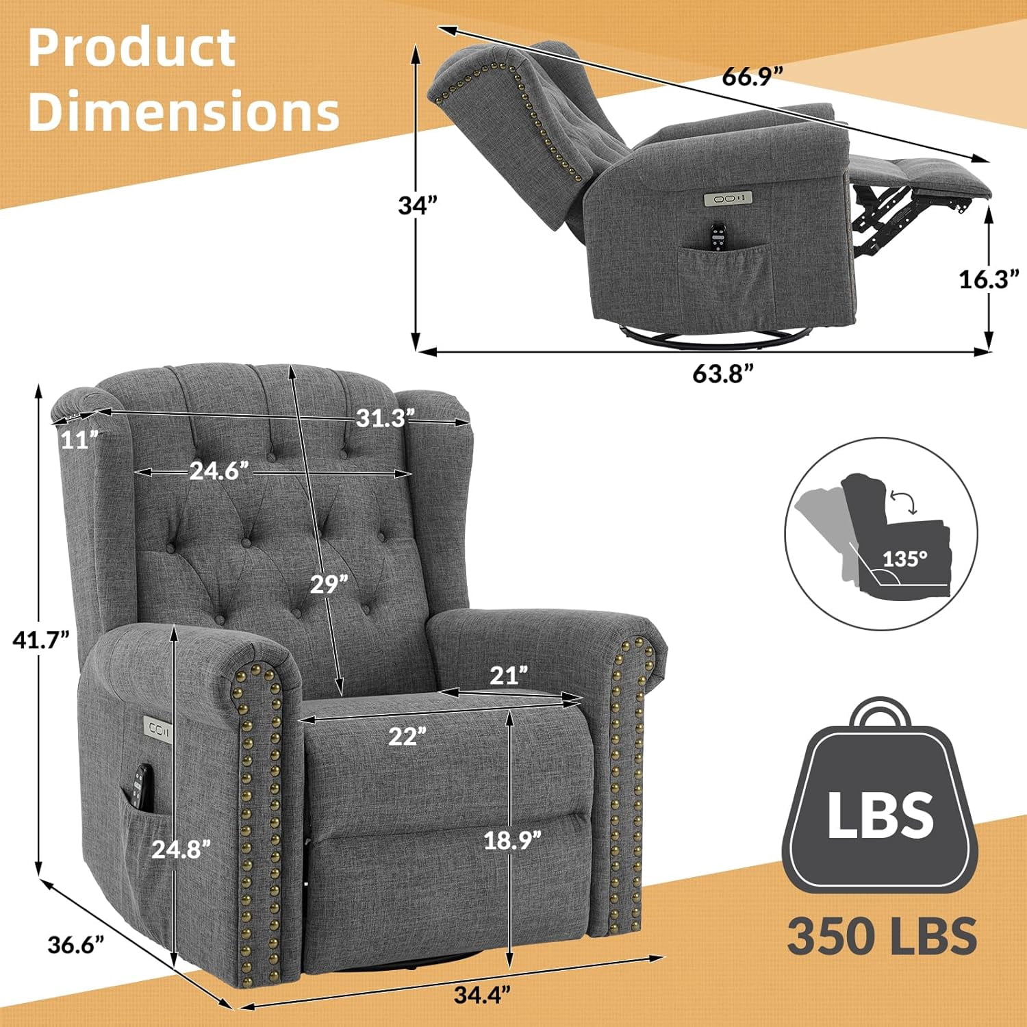 Power Swivel Rocking Glider Recliner Chair, Electric Nursery Reclining Sofa Chair with Heat and Massage, Wingback Tufted Upholstered Recliner for Living Room, USB and Type-C Ports, Grey