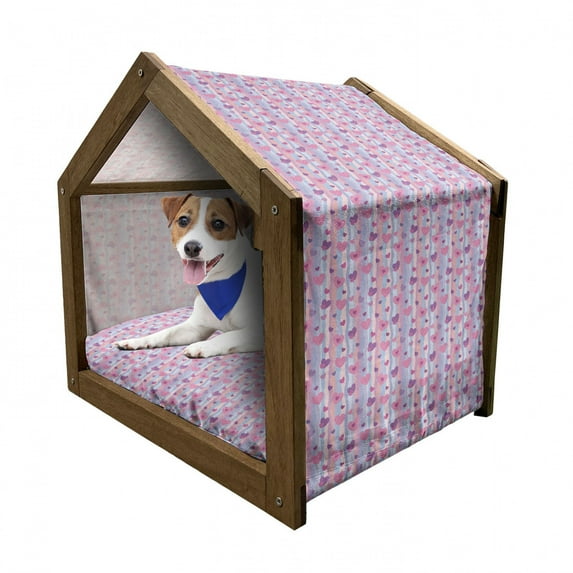 Love Pet House, Hearts for Valentine Vertical Stripes Lines Ornament Romance Wedding, Outdoor & Indoor Portable Dog Kennel with Pillow and Cover, 5 Sizes, Pale Mauve Purple, by Ambesonne