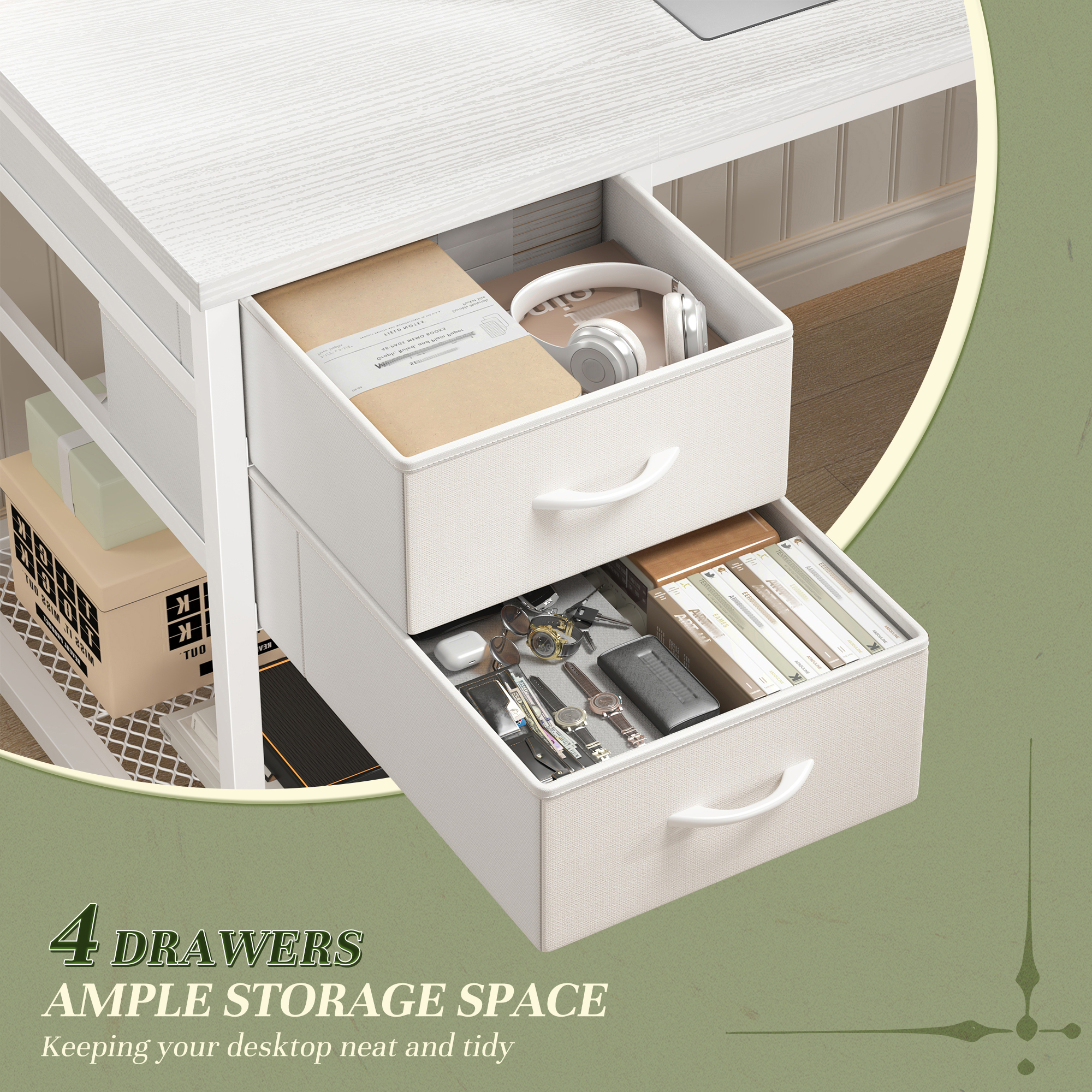 EnHomee Office Desk with 4 Fabric Drawers Gaming Desk with storage Computer Desk for Bedroom, White