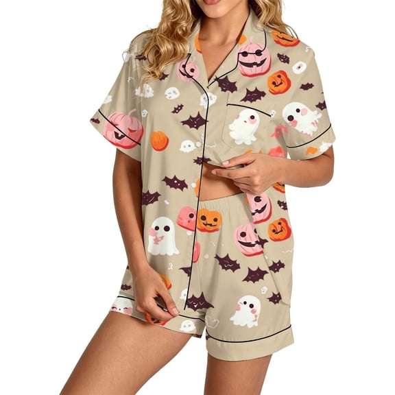 Summer Sales Womens Pajama Sets Satin Fall Pumpkin Print Short Sleeve Button Loungewear Halloween Pajama Sets for Women 2 Piece