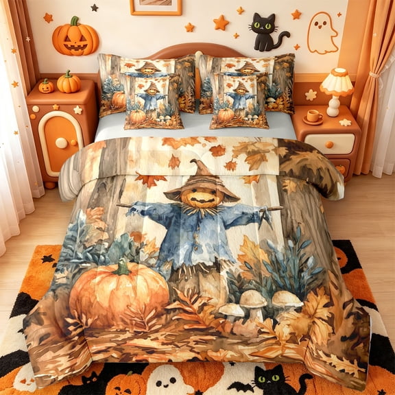 Manfei Classic Halloween Pumpkin Lantern 7-Piece Twin Bedding,Hello Fall Foliage Print Bedding Comforter Set,Light Gray Reversible