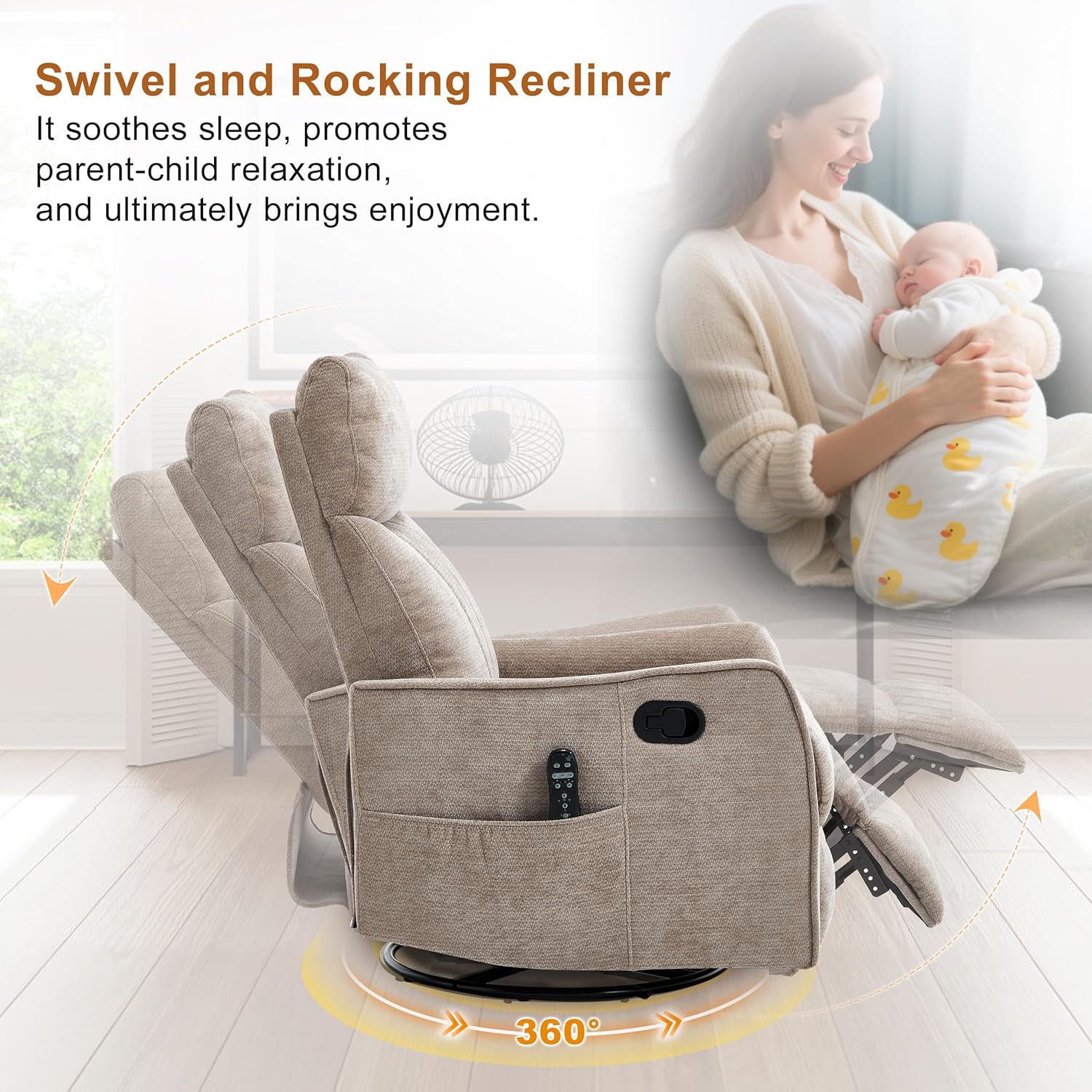 AENKYO Swivel Recliner Chair, Manual Rocking Massage Chair, Heated for Adults, for Living Room,khaki Chenille