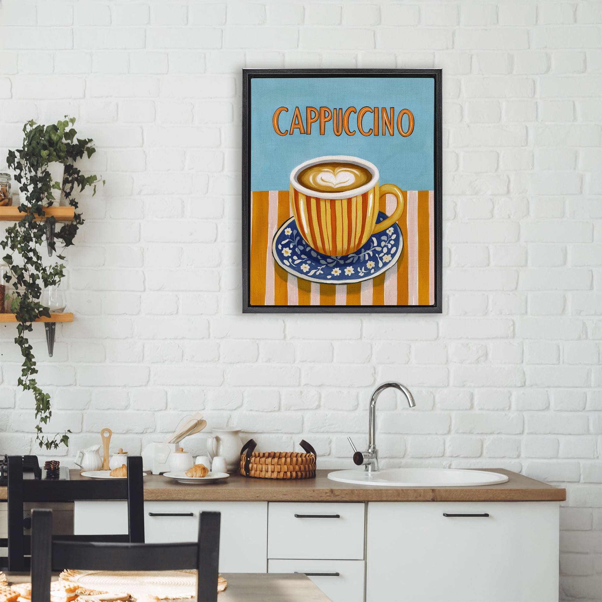 Stupell Industries Cappuccino Stripes Blue & Orange Black Framed Floater Canvas Wall Art, design by Yen