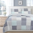 thumbnail image 7 of Cozy Line Subtle Blue Checker Cottage Floral Stripe Cotton 3 Piece Patchwork Quilt Bedding Set, 7 of 7