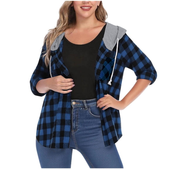 Admvng Jackets for Women Fall Classic Checkered Coat Button Hooded Tops, Size S-2XL