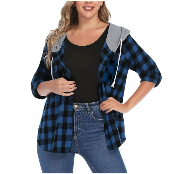 HAiming Womens Plaid Button down Hoodies Shirt Casual Long Sleeve Oversize Drawstring Hooded Jacket Coat