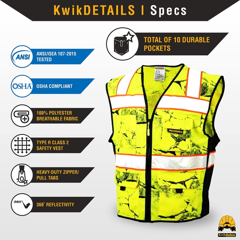 KwikSafety HiViz Vest, Class ANSI OSHA, 10 Pockets, Heavy Duty