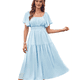 thumbnail image 3 of Vestido Informal de Verano para Mujer, de Corta, Cuello Cuadrado, Cintura Fruncida, con y Vuelo, Color Azul , Talla L, 3 of 6