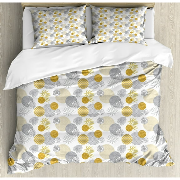 Oriental Duvet Cover Set King Size, Abstract Geometric Flowers Zebra Prints Circles Palm Leaves, Decorative 3 Piece Bedding Set with 2 Pillow Shams, Earth Yellow Pale Grey and White, by Ambesonne