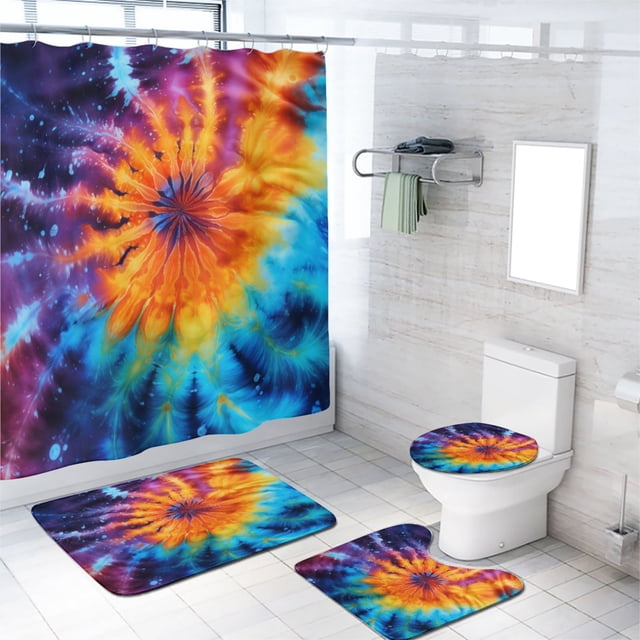 Juego de 4 cortinas de ducha con efecto tie-dye, diseño bohemio de arcoíris y colorido con 12 ganchos, juego de alfombrillas de baño, decoración de baño de tela resistente e impermeable, 72 x 72