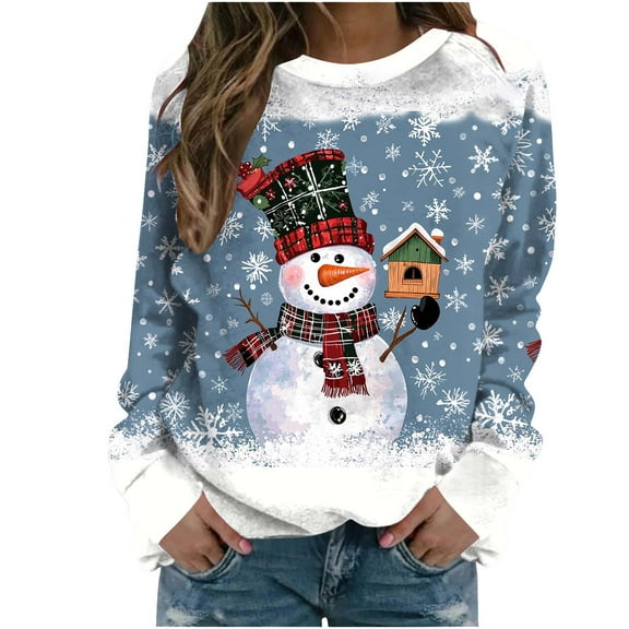 Cavosen Christmas Sweater Tops for Women Crew Neck Long Sleeve Ugly Pullover Snowman Solid Stretch Raglan Sleeve Blouses Party Shirt Tops