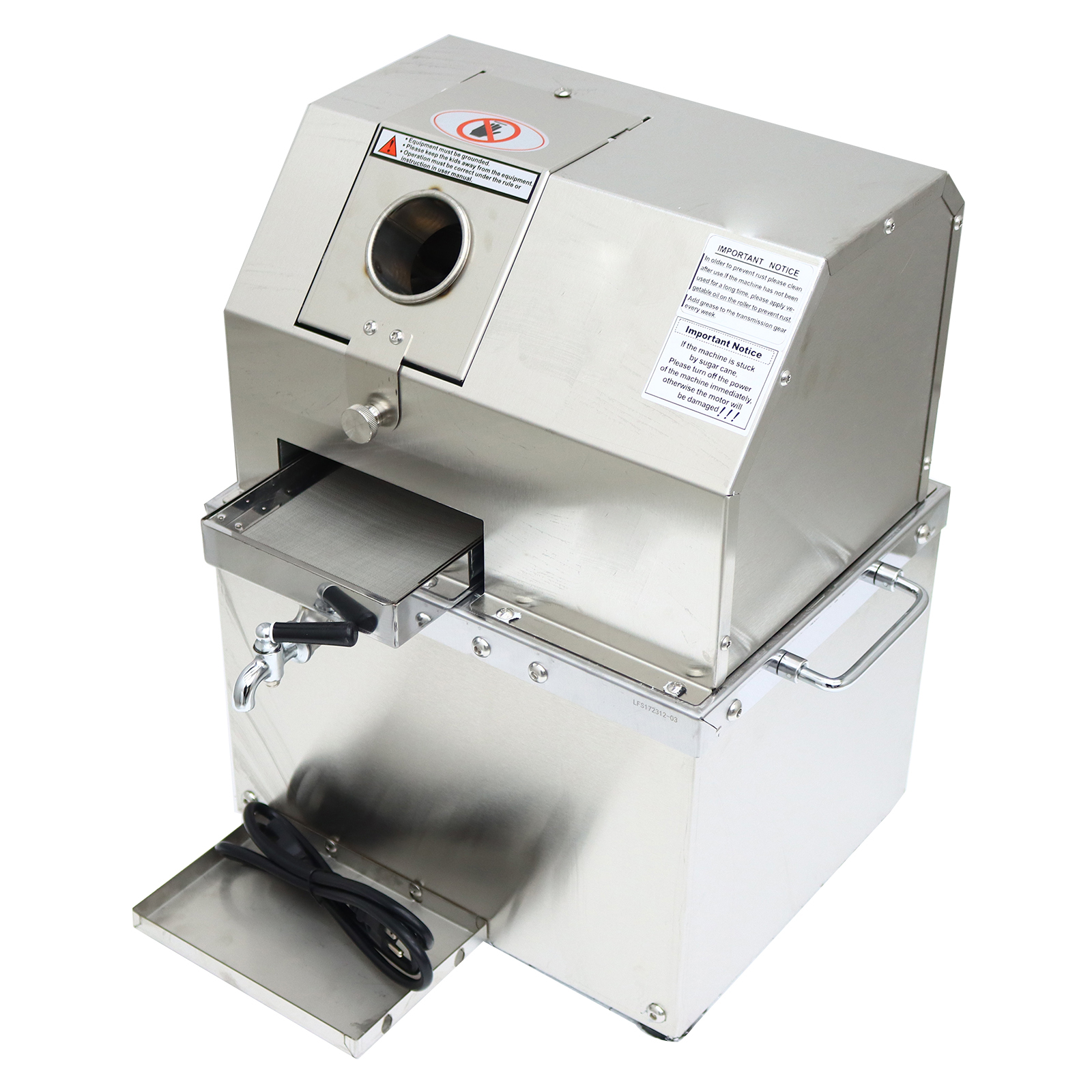 3-Roller Sugarcane Juice Extractor Grinder Ginger Sugar Cane Sorghum Stalk Press Juice Machine with Openable Cover 110V 300Kg/H