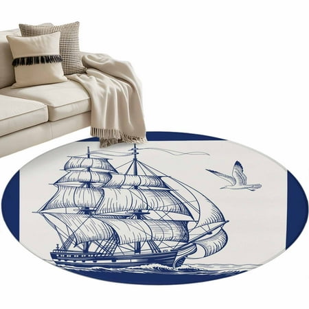 Area Rug 36in Nautical Blue Sailing Seagull on Vintage Floor Carpet Living Room Rug Ocean Waves Non-Slip Welcome Mat Indoor Rugs for Bedroom Dining Room