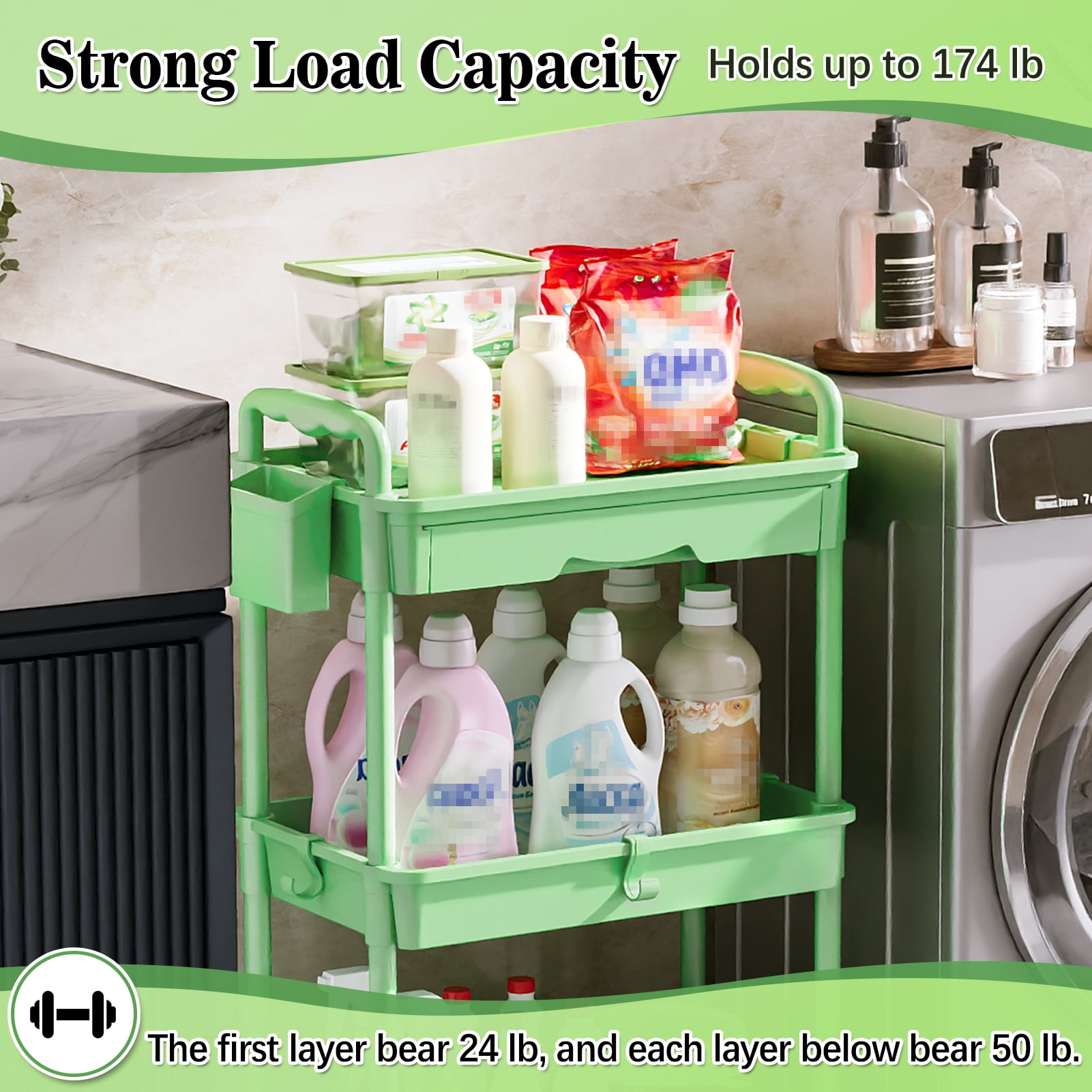 3 Tier Rolling Utility Cart with Removable Drawer, Bathroom Storage Organizer with 2 Lockable Wheels, Mobile Shelving Unit for Kitchen, Office, Snack, Craft, Makeup, Baby Essentials, Green