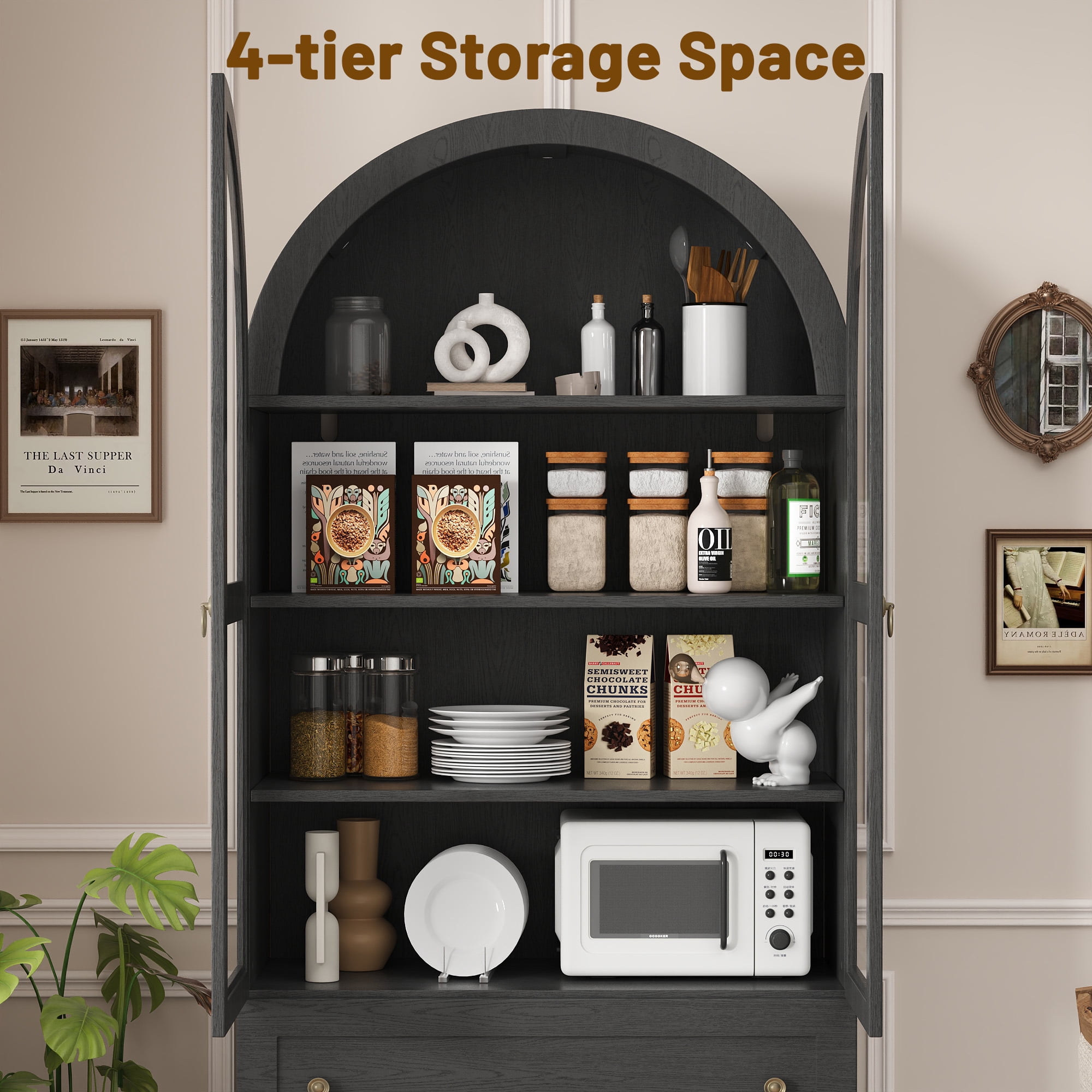 IDEALSOUL Arched Kitchen Pantry Cabinet, 71" Tall Wood Storage Cabinet with 2 Glass Doors, 4 Shelves and 2 Drawers, Food Cabinet for Kitchen, Living Room, Bedroom(Black)